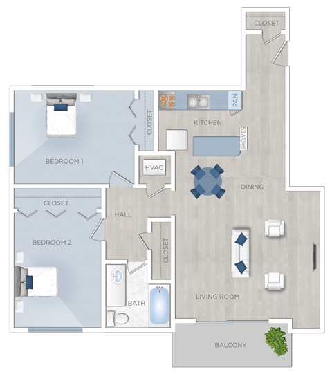 Floor plan for 2 beds, 1 bath, 886 sqft